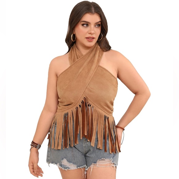 Tops - (NWOT) Tan Fringe Halter Top